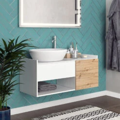 Vicco Waschbeckenunterschrank "Alf", Weiß/Eiche, 105 X 45 Cm Mit 2 Schubladen -Möbel Store 20230907 m5939 NP 04 ol