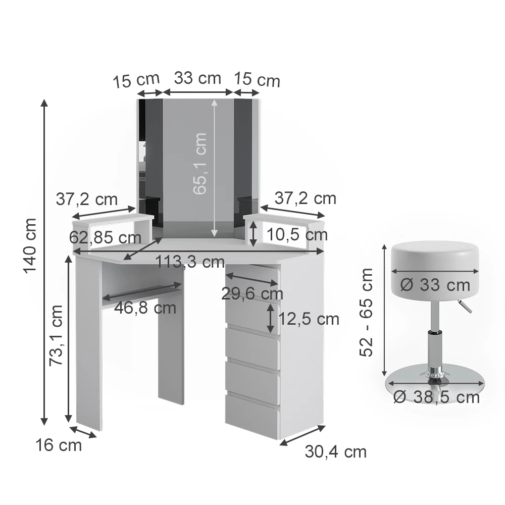 Eckschminktisch "Tilda" Weiß 113.3 Cm Mit Hocker Vicco 5 Eckschminktisch "Tilda" Weiß 113.3 Cm Mit Hocker Vicco – Bild 3