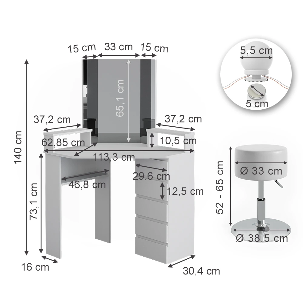 Eckschminktisch "Tilda" Weiß 113.3 Cm Mit LED Beleuchtung Und Hocker Vicco 5 Eckschminktisch "Tilda" Weiß 113.3 Cm Mit LED Beleuchtung Und Hocker Vicco – Bild 3