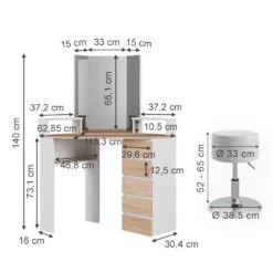 Eckschminktisch "Tilda" Weiß/Sonoma/Sonoma 113.3 Cm Mit Hocker Vicco -Möbel Store 20231027 m5421 hw 03 ol