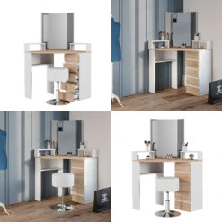 Eckschminktisch "Tilda" Weiß/Sonoma/Sonoma 113.3 Cm Mit Hocker Vicco -Möbel Store 20231027 m5421 hw 08 ol