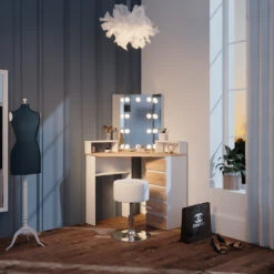 Eckschminktisch "Tilda" Weiß/Sonoma/Sonoma 113.3 Cm Mit LED Beleuchtung Und Hocker Vicco -Möbel Store 20231027 m5421 hw l 04 ol