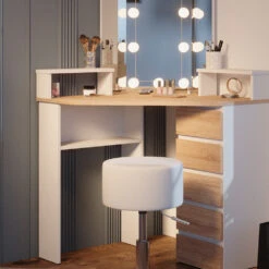 Eckschminktisch "Tilda" Weiß/Sonoma/Sonoma 113.3 Cm Mit LED Beleuchtung Und Hocker Vicco -Möbel Store 20231027 m5421 hw l 05 ol