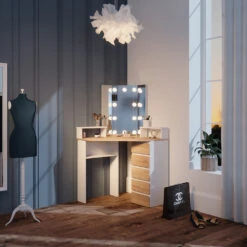 Eckschminktisch "Tilda" Weiß/Sonoma/Sonoma 113.3 Cm Mit LED Beleuchtung Vicco -Möbel Store 20231027 m5421 l 04 ol