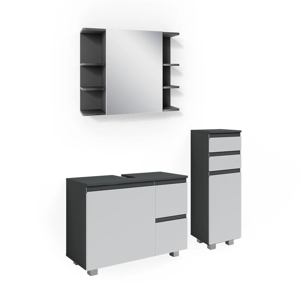 Badmöbel Set "J-Shape" Weiß/Anthrazit 3 Teile, Mit Midischrank Vicco 3 Badmöbel Set "J-Shape" Weiß/Anthrazit 3 Teile, Mit Midischrank Vicco
