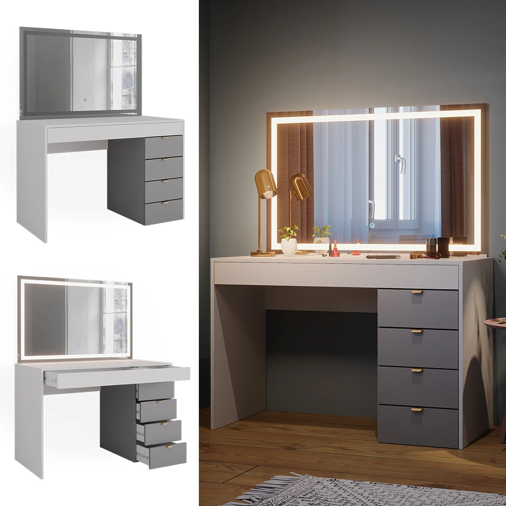 Vicco Schminktisch "Elise", Weiß/Grau, 115 Cm Mit LED-Spiegel 4 Vicco Schminktisch "Elise", Weiß/Grau, 115 Cm Mit LED-Spiegel – Bild 2