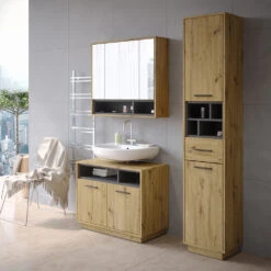 Badschrank "Beatrice" Eiche/Anthrazit 38 X 190 Cm Mit Türen, Schublade Und Offenen Fächern Vicco