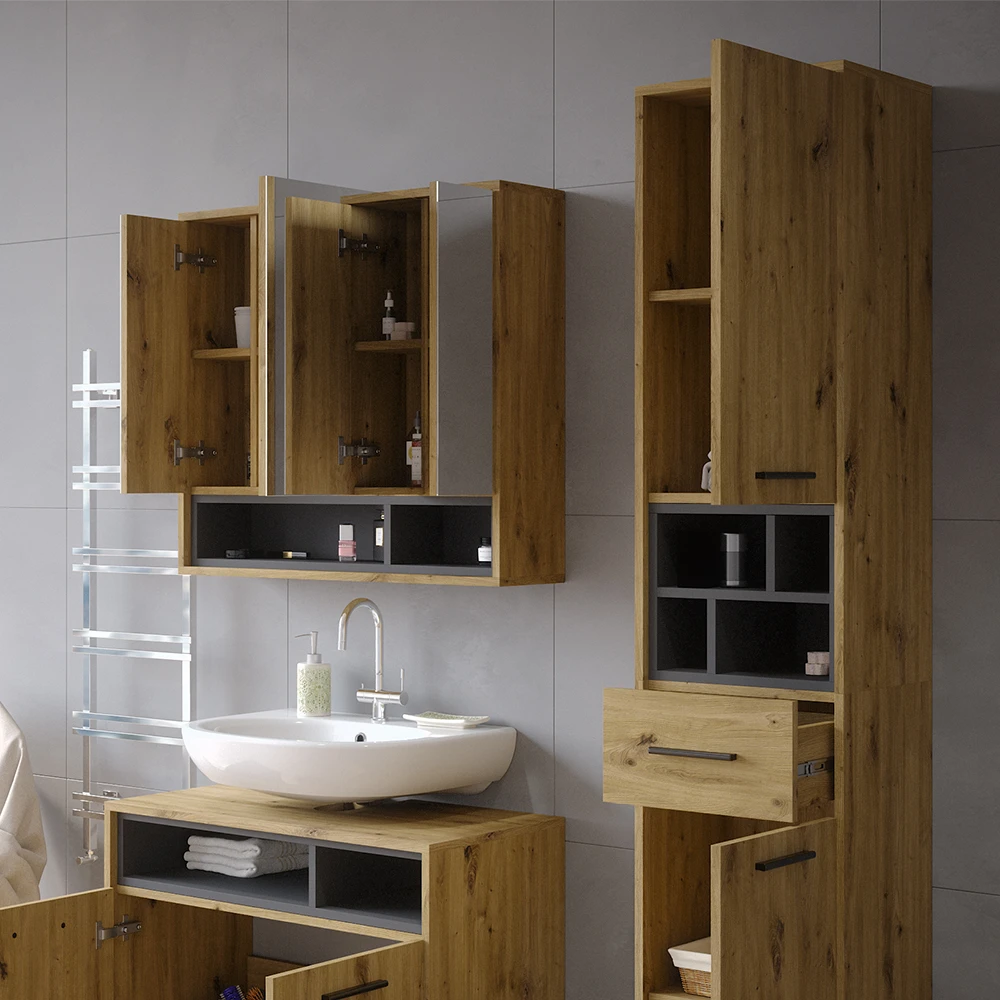 Badschrank "Beatrice" Eiche/Anthrazit 38 X 190 Cm Mit Türen, Schublade Und Offenen Fächern Vicco 7 Badschrank "Beatrice" Eiche/Anthrazit 38 X 190 Cm Mit Türen, Schublade Und Offenen Fächern Vicco – Bild 5