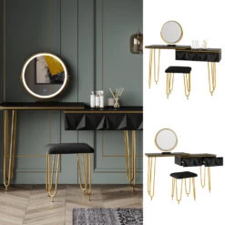 Schminktisch "Bella" Schwarz Hochglanz 120 Cm Mit LED Spiegel Und Hocker Vicco -Möbel Store 20231417 m5465 02 ol