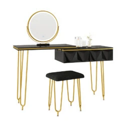 Schminktisch "Bella" Schwarz Hochglanz 120 Cm Mit LED Spiegel Und Hocker Vicco -Möbel Store 20231417 m5465 07 ol