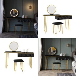 Schminktisch "Bella" Schwarz Hochglanz 120 Cm Mit LED Spiegel Und Hocker Vicco -Möbel Store 20231417 m5465 08 ol