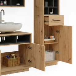 Badmöbel Set "Beatrice" Eiche/Anthrazit 3 Teile, Mit Hochschrank Vicco -Möbel Store 20231823 m5650 06 ol