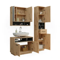 Badmöbel Set "Beatrice" Eiche/Anthrazit 3 Teile, Mit Hochschrank Vicco -Möbel Store 20231823 m5650 07 ol