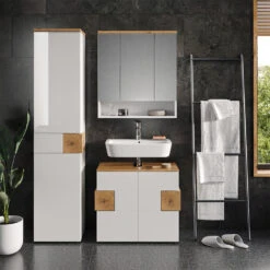 Badmöbel Set "Eden" Weiß Hochglanz/Artisan-Eiche 3 Teile, Mit Hochschrank Vicco -Möbel Store 20232017 m5613 04 ol