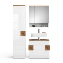 Badmöbel Set "Eden" Weiß Hochglanz/Artisan-Eiche 3 Teile, Mit Hochschrank Vicco -Möbel Store 20232017 m5613 07 ol
