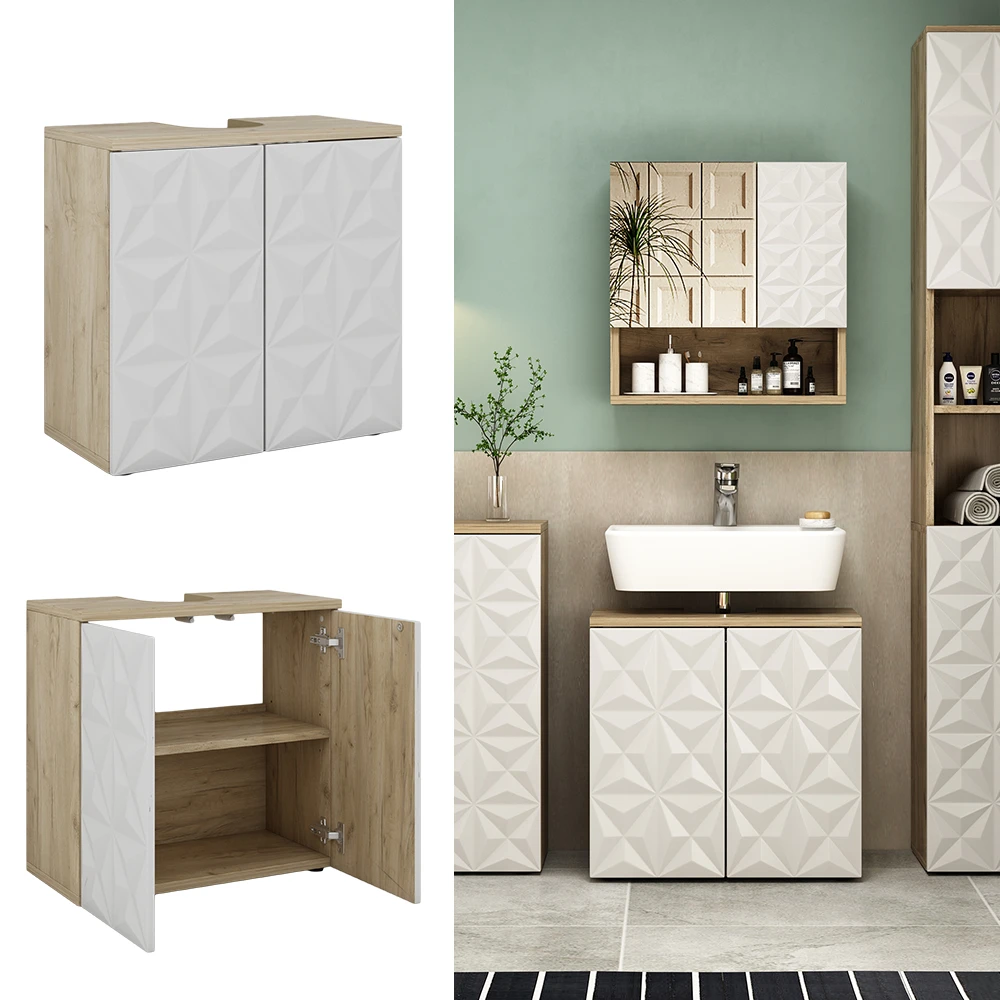 Waschbeckenunterschrank "Edge" Weiß/Eiche 60 X 57 Cm Mit 2 Türen Vicco 4 Waschbeckenunterschrank "Edge" Weiß/Eiche 60 X 57 Cm Mit 2 Türen Vicco – Bild 2