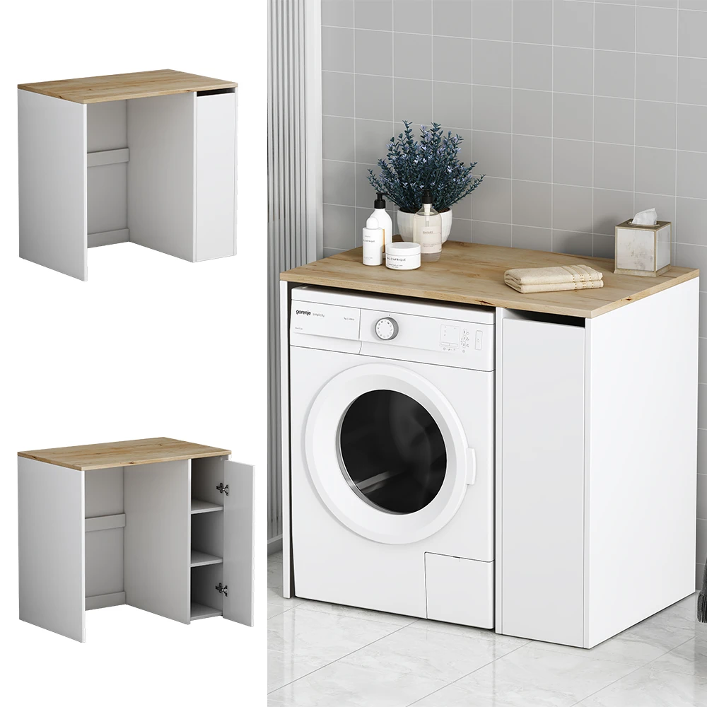 Waschmaschinenschrank "Viktor" Weiß/Eiche 93.5 X 88.5 Cm Mit 3 Fächer Oskar-Store 4 Waschmaschinenschrank "Viktor" Weiß/Eiche 93.5 X 88.5 Cm Mit 3 Fächer Oskar-Store – Bild 2