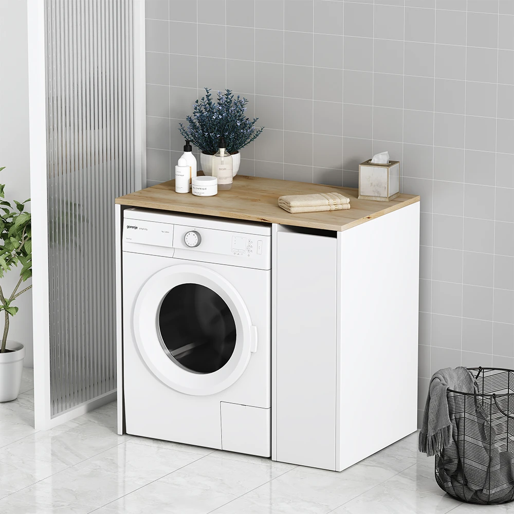 Waschmaschinenschrank "Viktor" Weiß/Eiche 93.5 X 88.5 Cm Mit 3 Fächer Oskar-Store 6 Waschmaschinenschrank "Viktor" Weiß/Eiche 93.5 X 88.5 Cm Mit 3 Fächer Oskar-Store – Bild 4