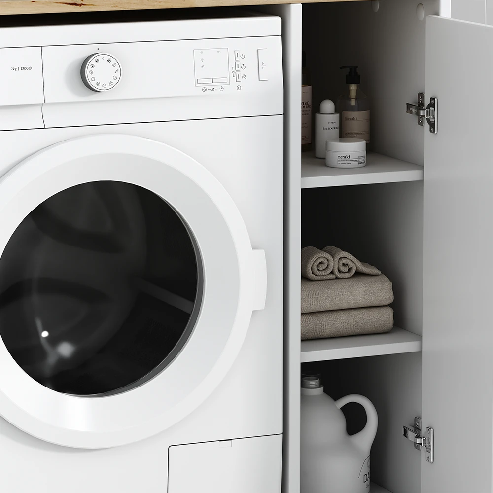 Waschmaschinenschrank "Viktor" Weiß/Eiche 93.5 X 88.5 Cm Mit 3 Fächer Oskar-Store 7 Waschmaschinenschrank "Viktor" Weiß/Eiche 93.5 X 88.5 Cm Mit 3 Fächer Oskar-Store – Bild 5