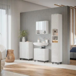 Badmöbel Set "Agasta" Weiß Hochglanz 4 Teile, Mit Hochschrank Vicco -Möbel Store 20234723 m5350 04 ol