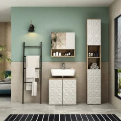 Badmöbel Set "Edge" Weiß/Eiche 3 Teile, Mit Hochschrank Vicco -Möbel Store 20235312 m5786 04 ol