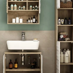 Badmöbel Set "Edge" Weiß/Eiche 3 Teile, Mit Hochschrank Vicco -Möbel Store 20235312 m5786 05 ol