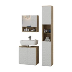 Badmöbel Set "Edge" Weiß/Eiche 3 Teile, Mit Hochschrank Vicco -Möbel Store 20235312 m5786 07 ol