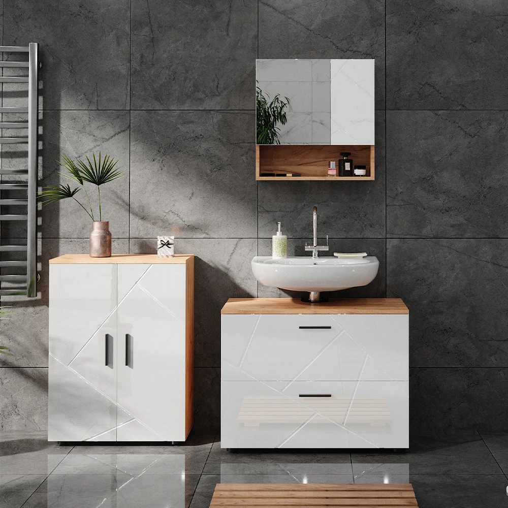 Badmöbel Set "Irma" Eiche/Weiß Hochglanz 3 Teile, Mit Unterschrank 80 Cm Vicco 6 Badmöbel Set "Irma" Eiche/Weiß Hochglanz 3 Teile, Mit Unterschrank 80 Cm Vicco – Bild 4