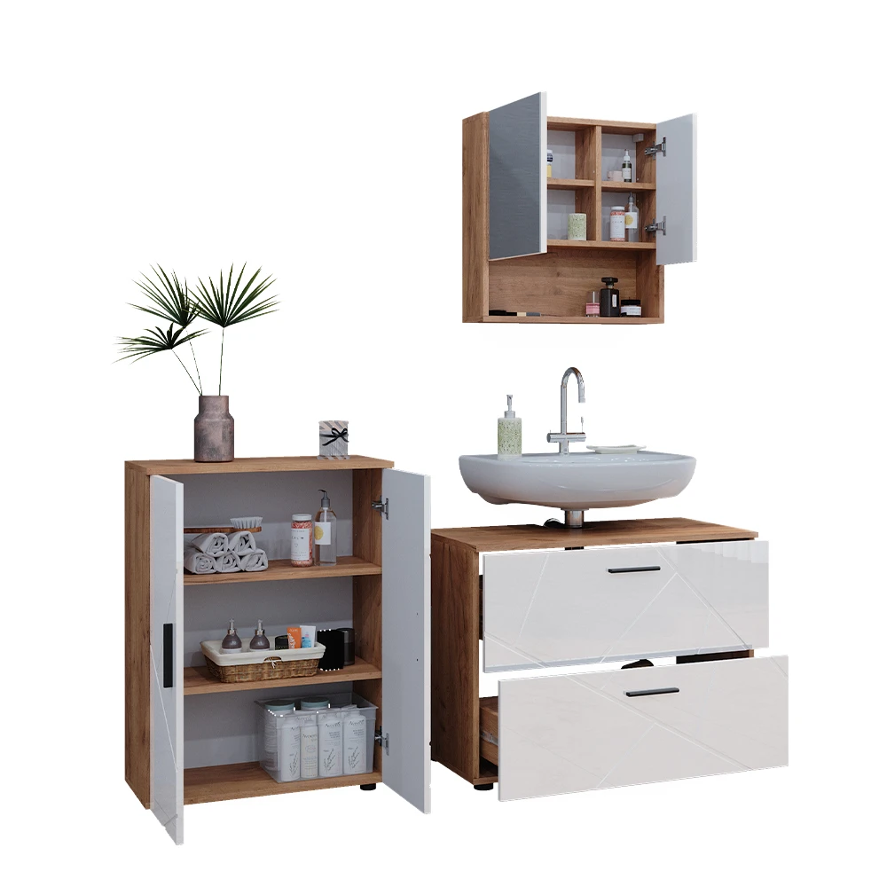 Badmöbel Set "Irma" Eiche/Weiß Hochglanz 3 Teile, Mit Unterschrank 80 Cm Vicco 9 Badmöbel Set "Irma" Eiche/Weiß Hochglanz 3 Teile, Mit Unterschrank 80 Cm Vicco – Bild 7