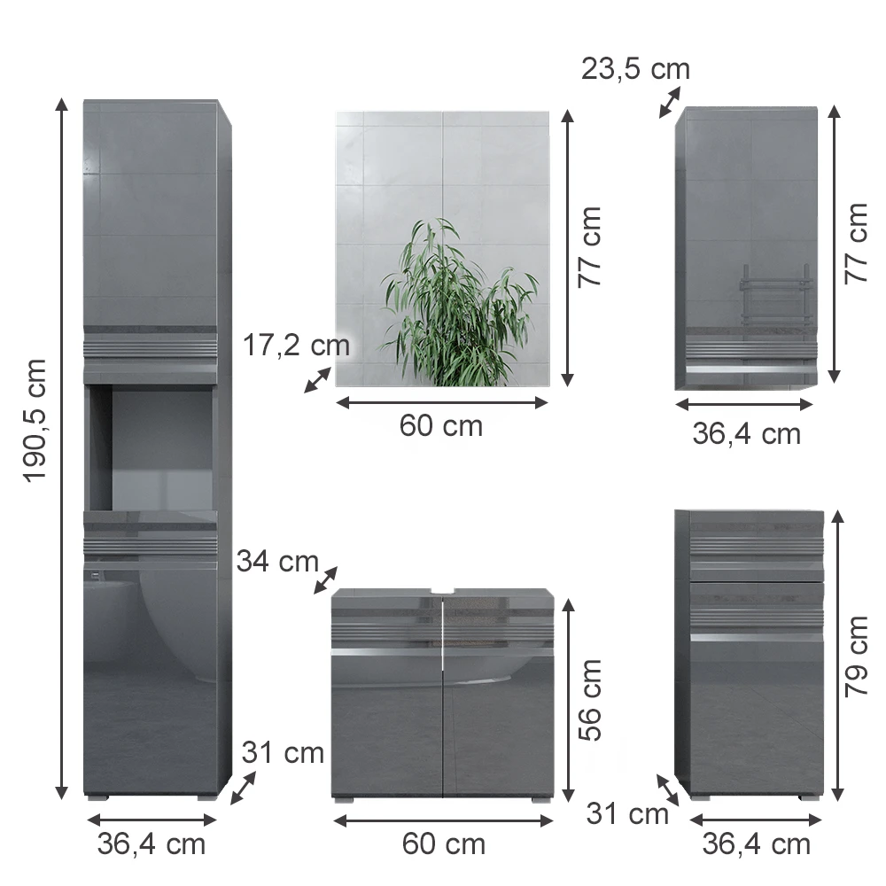 Badmöbel Set "Freddy" Anthrazit Hochglanz 5 Teile Vicco 5 Badmöbel Set "Freddy" Anthrazit Hochglanz 5 Teile Vicco – Bild 3