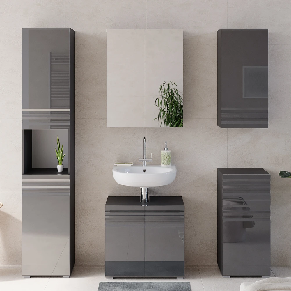 Badmöbel Set "Freddy" Anthrazit Hochglanz 5 Teile Vicco 6 Badmöbel Set "Freddy" Anthrazit Hochglanz 5 Teile Vicco – Bild 4