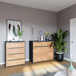 Sideboard "Ruben" Anthrazit/Goldkraft Eiche 80 X 102 Cm Mit Schubladen Vicco -Möbel Store 20240219 m6351 04 ol