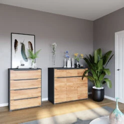 Sideboard "Ruben" Anthrazit/Goldkraft Eiche 120 X 101 Cm Mit Schubladen Vicco -Möbel Store 20240219 m6353 04 ol