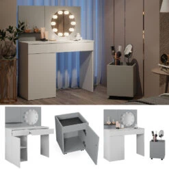 Schminktisch "Amellia" Weiß/Grau 100 Cm Mit LED Beleuchtung Und Rollcontainer Vicco -Möbel Store 20240220 m5636 l 02 ol