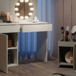 Schminktisch "Amellia" Weiß/Grau 100 Cm Mit LED Beleuchtung Und Rollcontainer Vicco -Möbel Store 20240220 m5636 l 05 ol