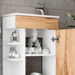 Badmöbel Set "Amadeo" Goldkraft Eiche/Weiß 2 Teile, Mit Waschbecken Vicco -Möbel Store 20240301 m6557 05 ol