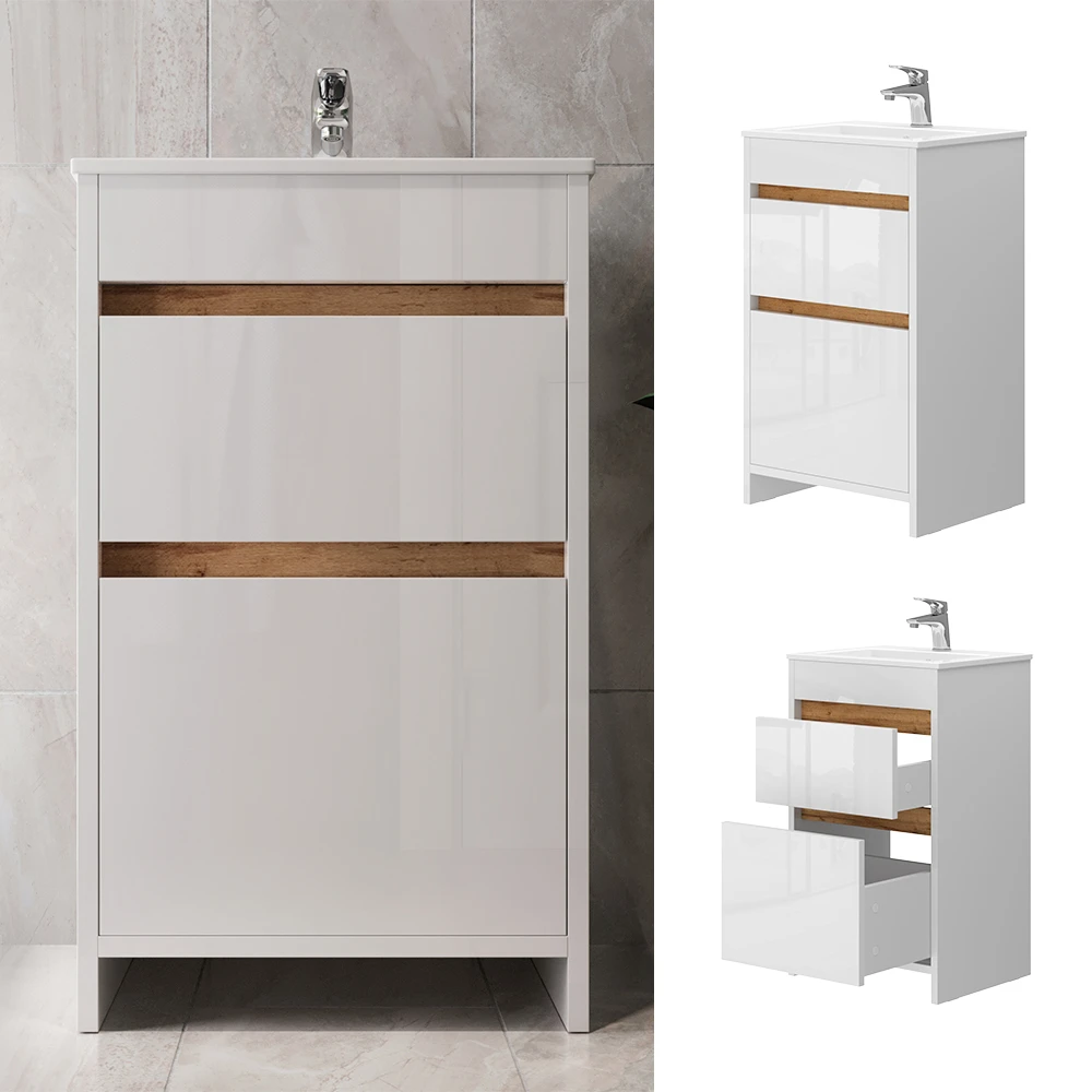 Badmöbel Set "Detmold" Weiß/Weiß Hochglanz 2 Teile, Mit Waschbecken Und 2 Schubladen Vicco 4 Badmöbel Set "Detmold" Weiß/Weiß Hochglanz 2 Teile, Mit Waschbecken Und 2 Schubladen Vicco – Bild 2