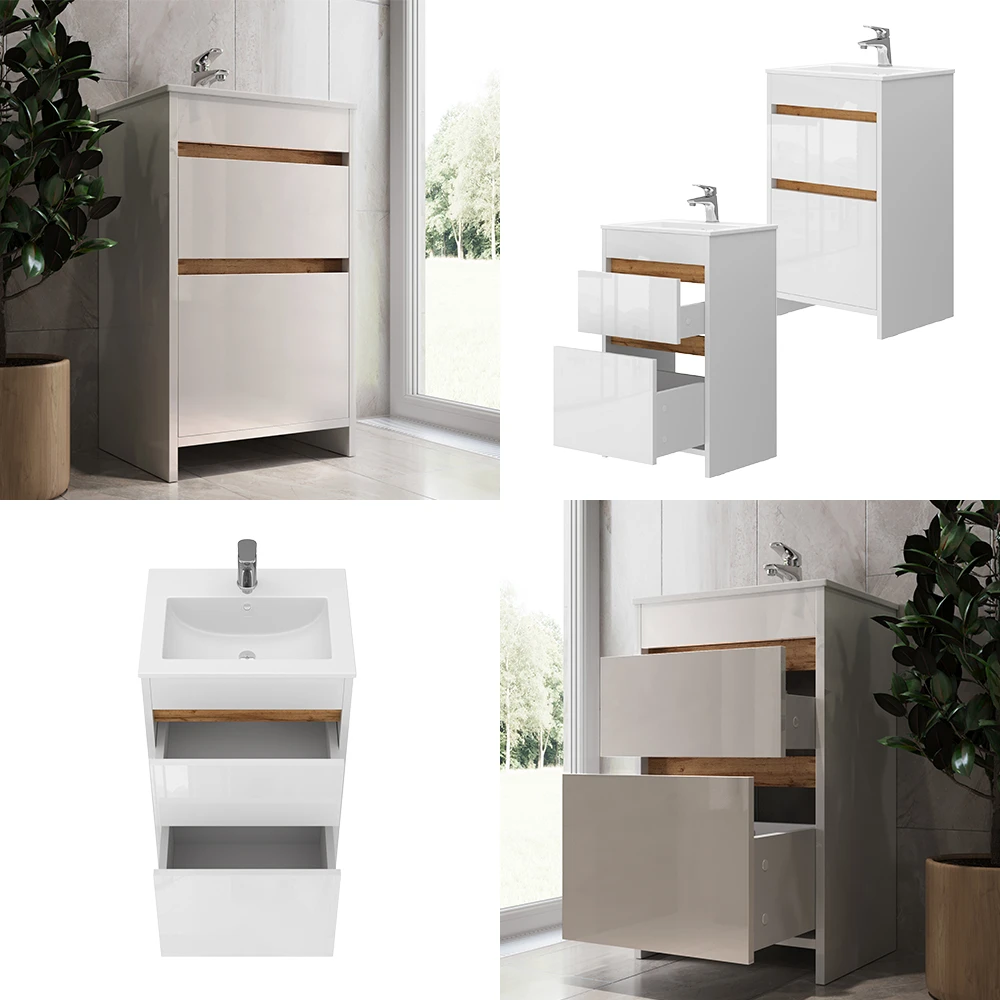 Badmöbel Set "Detmold" Weiß/Weiß Hochglanz 2 Teile, Mit Waschbecken Und 2 Schubladen Vicco 10 Badmöbel Set "Detmold" Weiß/Weiß Hochglanz 2 Teile, Mit Waschbecken Und 2 Schubladen Vicco – Bild 8