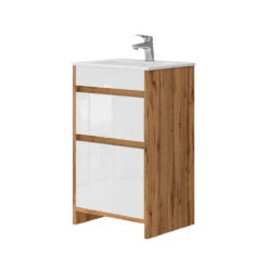 Badmöbel Set "Detmold" Goldkraft Eiche/Weiß Hochglanz 2 Teile, Mit Waschbecken Und 2 Schubladen Vicco