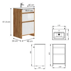 Badmöbel Set "Detmold" Goldkraft Eiche/Weiß Hochglanz 2 Teile, Mit Waschbecken Und 2 Schubladen Vicco -Möbel Store 20240301 m6561 03