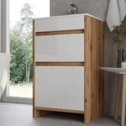 Badmöbel Set "Detmold" Goldkraft Eiche/Weiß Hochglanz 2 Teile, Mit Waschbecken Und 2 Schubladen Vicco -Möbel Store 20240301 m6561 04