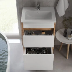 Badmöbel Set "Detmold" Goldkraft Eiche/Weiß Hochglanz 2 Teile, Mit Waschbecken Und 2 Schubladen Vicco -Möbel Store 20240301 m6561 05