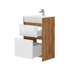 Badmöbel Set "Detmold" Goldkraft Eiche/Weiß Hochglanz 2 Teile, Mit Waschbecken Und 2 Schubladen Vicco -Möbel Store 20240301 m6561 07