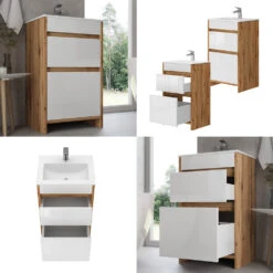 Badmöbel Set "Detmold" Goldkraft Eiche/Weiß Hochglanz 2 Teile, Mit Waschbecken Und 2 Schubladen Vicco -Möbel Store 20240301 m6561 08