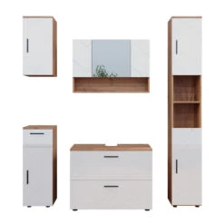 Badmöbel Set "Irma" Eiche/Weiß Hochglanz 5 Teile Vicco