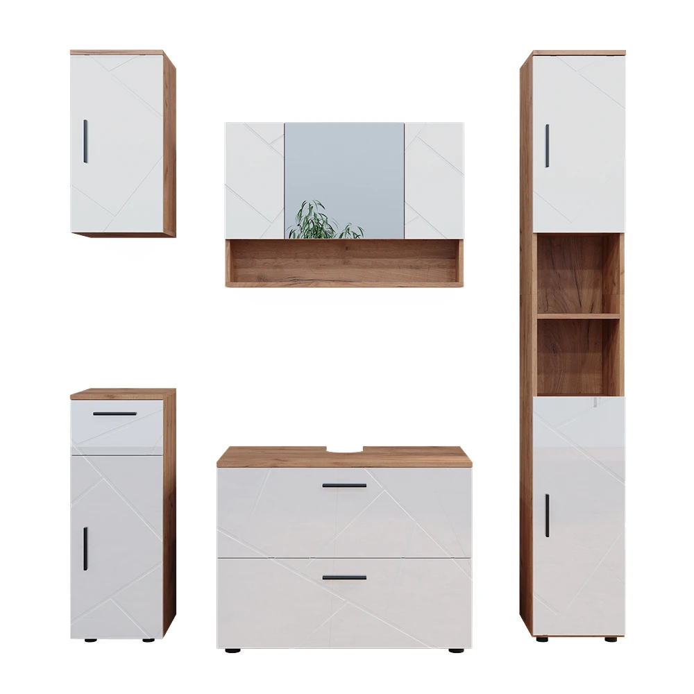 Badmöbel Set "Irma" Eiche/Weiß Hochglanz 5 Teile Vicco 3 Badmöbel Set "Irma" Eiche/Weiß Hochglanz 5 Teile Vicco