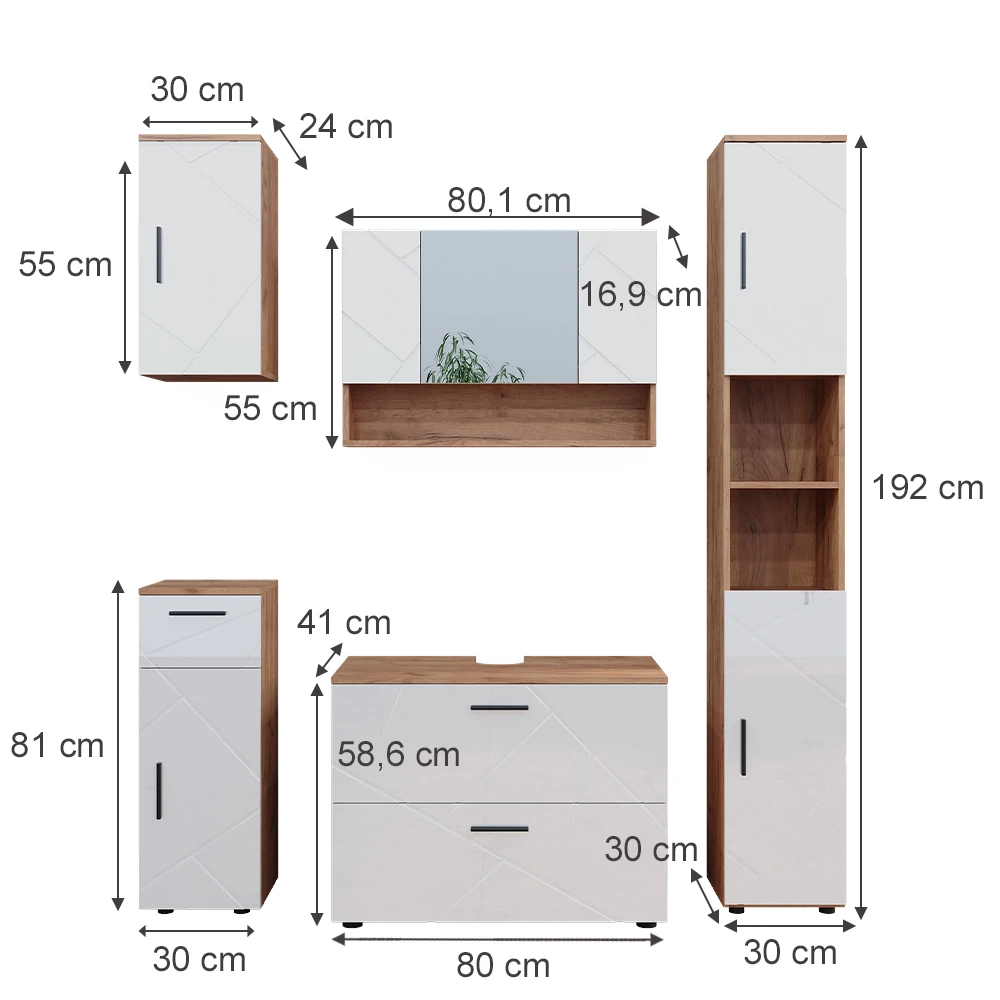 Badmöbel Set "Irma" Eiche/Weiß Hochglanz 5 Teile Vicco 5 Badmöbel Set "Irma" Eiche/Weiß Hochglanz 5 Teile Vicco – Bild 3