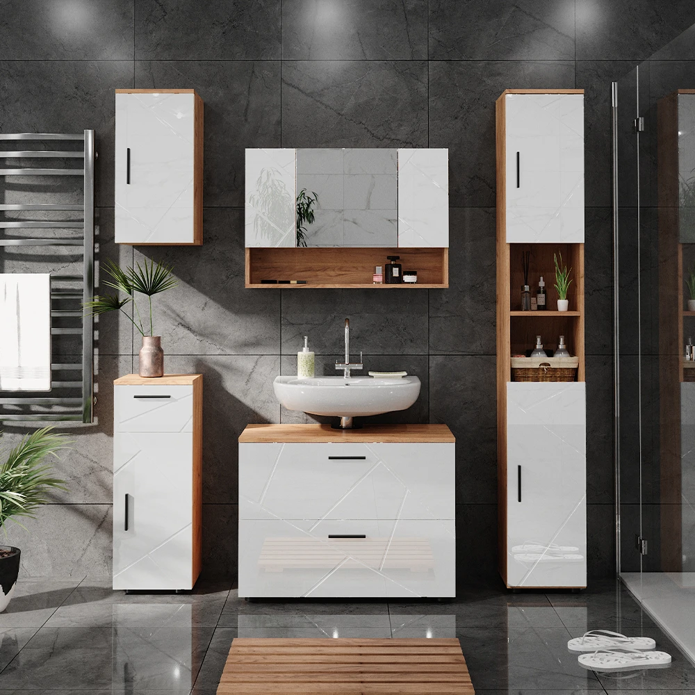 Badmöbel Set "Irma" Eiche/Weiß Hochglanz 5 Teile Vicco 6 Badmöbel Set "Irma" Eiche/Weiß Hochglanz 5 Teile Vicco – Bild 4