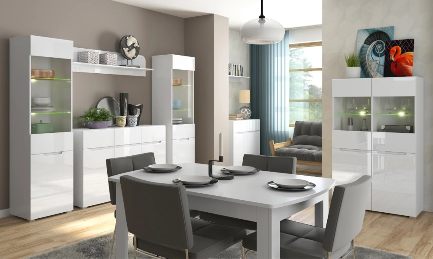 Vitrinenschrank "York" Weiß Hochglanz 50 X 190 Cm OK-Living 4 Vitrinenschrank "York" Weiß Hochglanz 50 X 190 Cm OK-Living – Bild 2