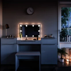 Schminktisch "Lilli" Weiß Hochglanz 190 Cm Mit LED Beleuchtung Und Bank Vicco -Möbel Store m1346 bw l 04 ol